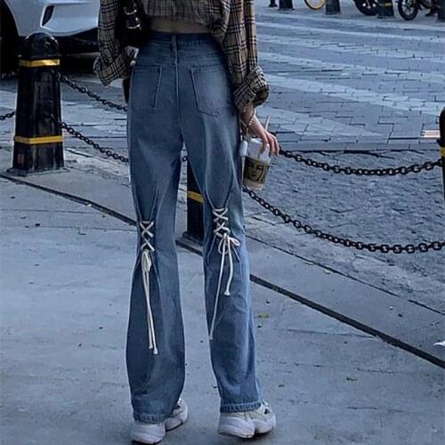 Women Lace Up Wide Leg Jeans Pants High Waist Loose Comfortable Elastic Fashion Boyfriend Denim Trousers Plus Size Ins Trousers