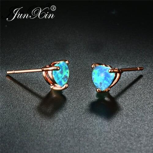 Blue/White/Green Fire Opal Small Heart Stud Earrings For Women Vintage Rose Gold Filled Rainbow Birthstone Earrings Lover Gifts