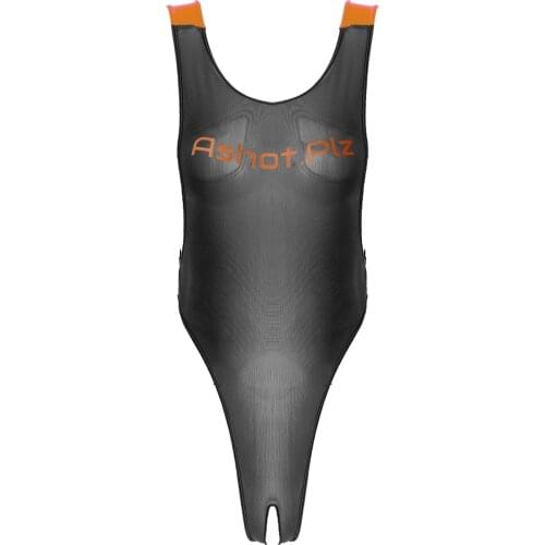 Women Crothless Swimsuit Round Neck Sleeveless Color Contrast See-through Letters Print High Cut Open Crotch Jumpsuit Bodysuit