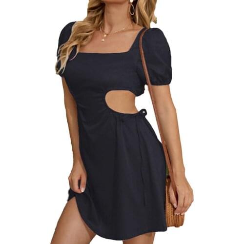 Sexy Backless Sweater Dress 2021 Summer Women Square -Neck Long Sleeve Solid Color Loose Drawstring Lace Up Mini Dress Vestidos