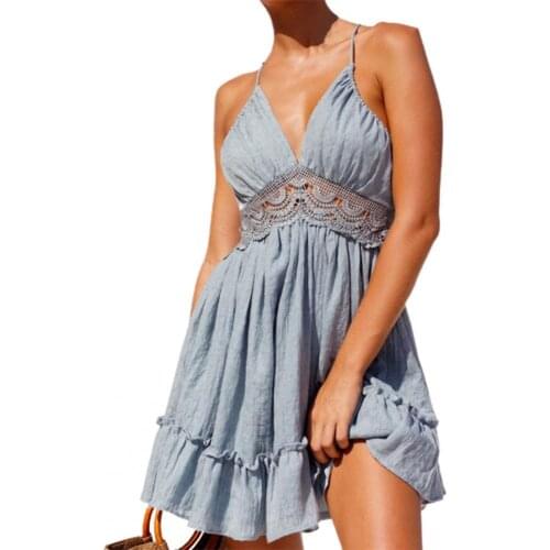 Women Boho Sexy Dress Summer Strappy Lace V-neck Dresses Female Beach Backless Bandage Party Sundress Mini Ruffle White Dresses