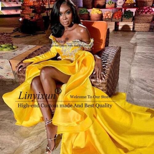 Sexy Yellow Mermaid Prom Dresses Off Shoulder Side Split Ruffles Evening Party Gowns One Long Sleeve Special Occasion Dress 2021