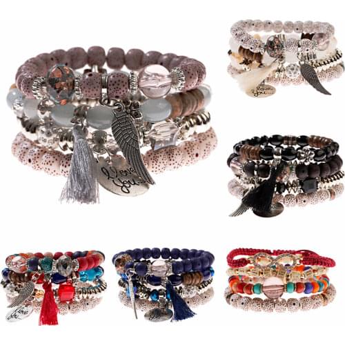 4pcs/set Fashion Multilayer Crystal Lava Stone Beads Wing Tassel Bracelets & Bangles Pulseras Mujer Jewelry for Women Gift