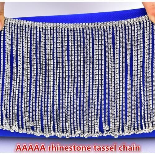 AAAAA 50cm/Pcs Rhinestone Tassel Chain Clear Crystal Srtass Trim Wedding Dress Decoration Sew On Garment Shoes 12cm/14cm Width