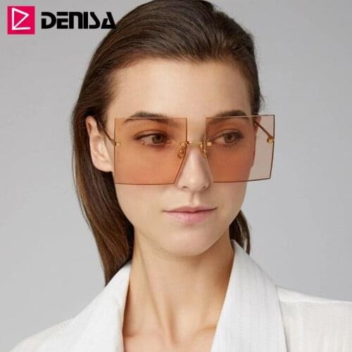 DENISA Oversized Rimless Sunglasses Women 2020 Trendy Square Sunglasses Luxury Brand Design Flat Top Lens UV400 Glasses G17258