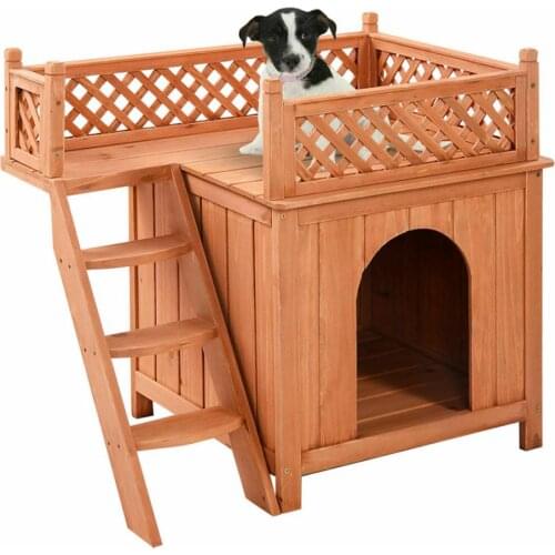 Costway Wooden Puppy Pet Dog House Wood Room In/outdoor Raised Roof Balcony Bed Shelter PS7391