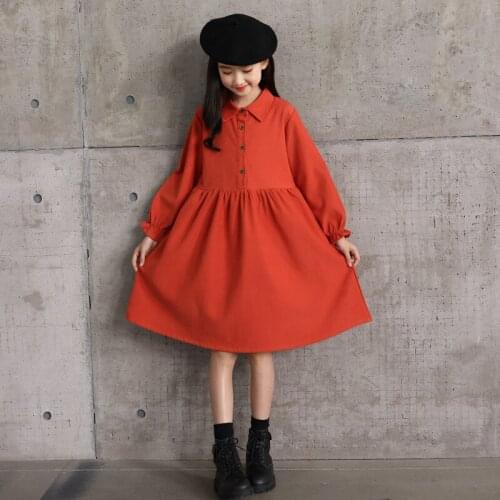 6 To 14 Years Teenager Girls Dress Elegant Turn Down Collar Autumn Cotton Kids Dresses for Girl Children Clothing Princess Dress