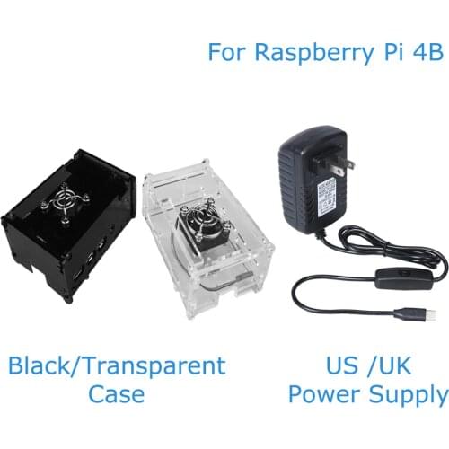 For Raspberry Pi 4 Case Box Shell Cover Enclosure Fan Can Be Installed+ Raspberry Pi 4B Power Supply 5V 3A Type-C US UK Plug