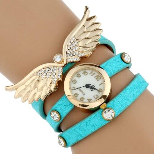Gnova Large Bracelet Women Watch Crystal Golden Angel Wings PU Leather Strap Fashion Quartz Wristwatch Reloj Drop Ship A261