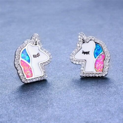 Dainty Crystal Cute Unicorn Small Stud Earrings Female Blue Pink Opal Earrings Classic Silver Color Wedding Earrings For Women