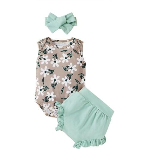 Lioraitiin 0-12M Newborn Infant Baby Girl 3Pcs Summer Clothing Set Floral Printed Romper Top Solid Short Headband Outfit Set