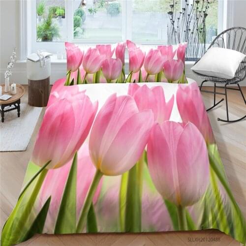 Pink Tulips Bedding Set For Girls Fresh Romantic Duvet Cover Queen King Twin Full Single Double Bed Set Beautiful