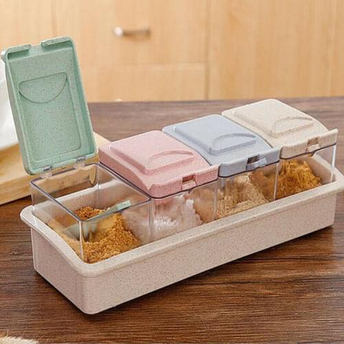 Seasoning Storage Box Wheat Straw with Spoon 4-compartment Spice Box Storage Container Condiment Jars for Spice Sugar Salt