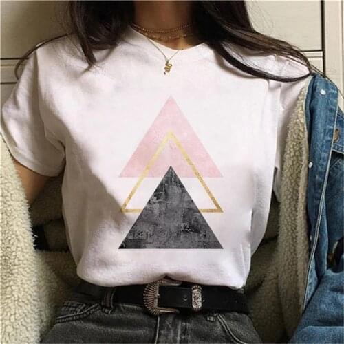 Summer 2021 New Beautiful geometry print ladies T-shirt casual basis O-collar white shirt short sleeve ladies T-shirt,Drop Ship