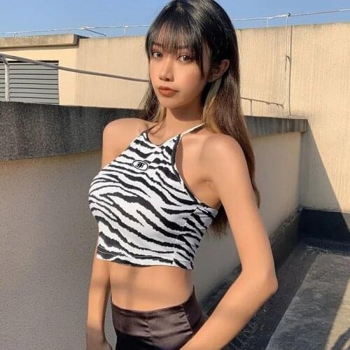 Camisole top DARLINGAGA zebra pattern halterneck lace vest womens short slim street retro bottoming shirt