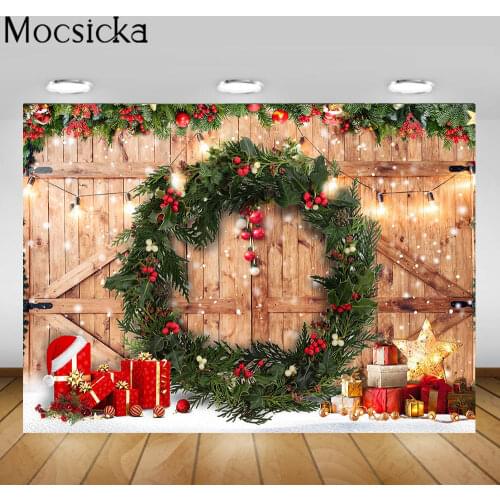 Mocsicka Wood Door Wreath Winter Photography Backdrop Snow Snowflake Lights Christmas Backdrops Child Photocall Background Props