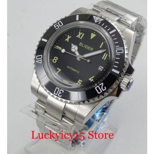 BLIGER Roman Style 40mm Automatic Mens Watch With Auto Date Ceremic Bezel Self Winding Wristwatch