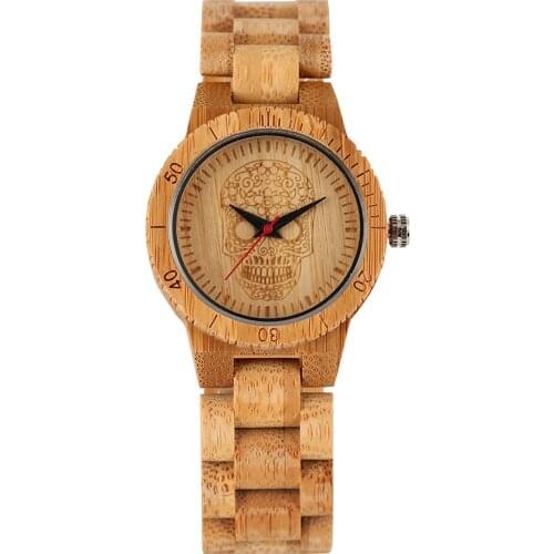 Mens Watch Unique Skeleton Skull Dial Bamboo Watch Light Environmentally Friendly Practical Bamboo Quartz Wristwatch
