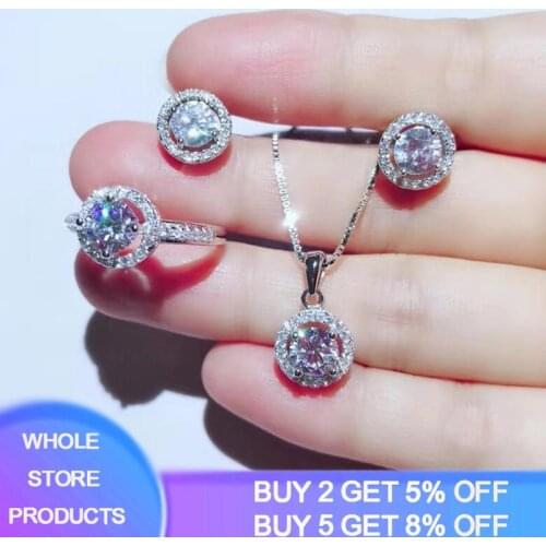 YANHUI Original 925 Silver Bride Jewelry Sets Women Round Lab Diamond Wedding Ring + Necklace + Earrings Sets Silver 925 Jewelry