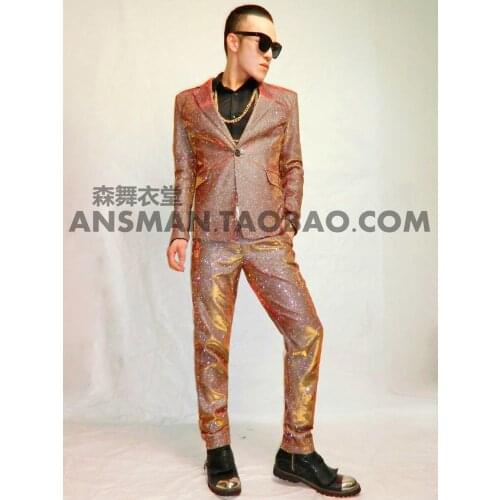 New mens champagne gold suit dress night wear singer dancer stage wear party show