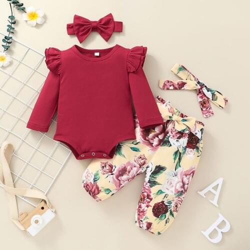 Spring Autumn Baby Clothing Newborn Baby Girl Boy Ribbed Clothes Knitted Cotton Romper Jumpsuit Flower Print 3PCS Outfits