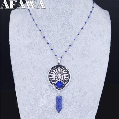 Witch Natural Stone Stainless Steel Necklace Wicca Blue Hexagonal Column Quartz Natural Stone Necklace Jewelry cadena N4024S02