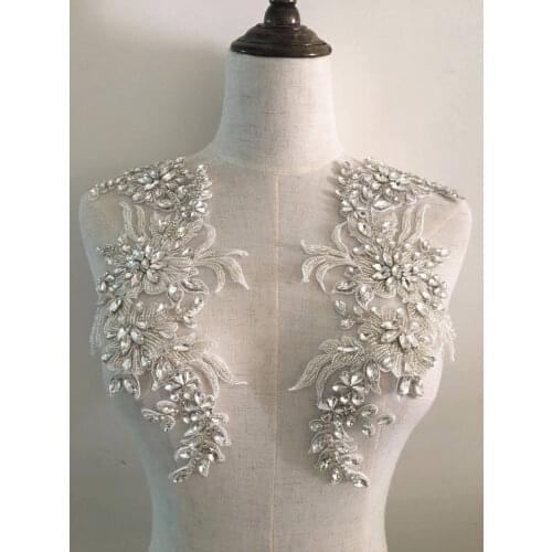 Luxury Rhinestone Beaded Lace Applique Pair , Wedding Gown Bridal Dress Emebllishment Accessories ,Crystal Beaded Birdal