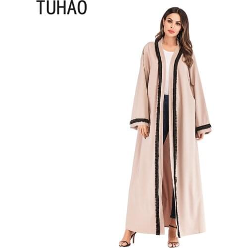 Middle East Muslim Long Robe Open Stitch Nailing Pearl Long Coats Woman Outerwear Loose Plus Size Trench Coat 1686