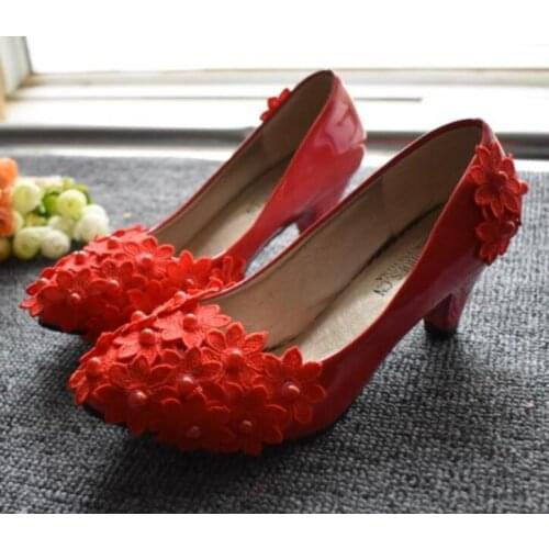Red laces flowers party pumps shoes woman 5cm heel handmade sweet ladies firl ceremony banquet dancing dress shoes red