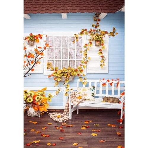 Vinyl Cloth Photography Backdrops Wooden Floor Courtyard Fall Leaves White Window Bench Backgrounds for Photo Studio Customized