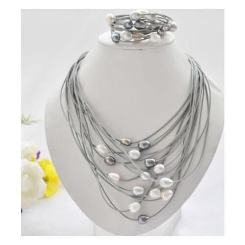 Woman Pearl Jewelry Set Chirstmas Gift 15row 13mm White Black Gray Rice Real Pearl Gray Leather Necklace Bracelet Magnet Clasp
