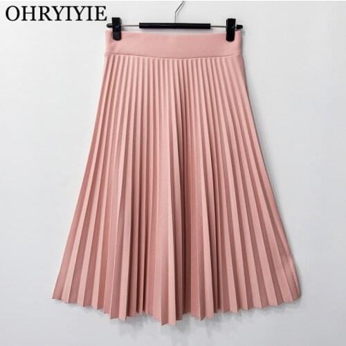 OHRYIYIE Pink/Gray PU Pleated Skirts Women 2020 Autumn Winter Slim High Waist Skirt Female Casual Midi Skirt Jupe Longue Femme