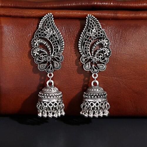 Retro Womens Silver Color Peacock Ladies Earrings Indian Jewelry Gypsy Vintage Tribe Tassel Jhumka Earrings Fashion Jewelry