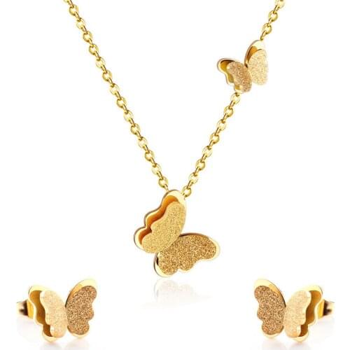 Stainless Steel Butterfly Necklace Female Light Luxury Frosted Insect Pendant Necklace Earring Set