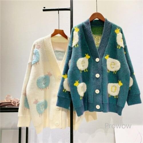 Carton Sheep Embroidery Jacquard Sweater Coat Women Long Oversized Cardigan 2021 Korean Loose Knitted Jacket Plus Size Cardigan
