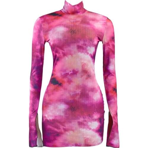 Ladies Long Sleeve Sheath Slit Dress Rose Tie-dye Print Pattern Long Horn Sleeve High Collar Sexy Mini Skirt Party Street