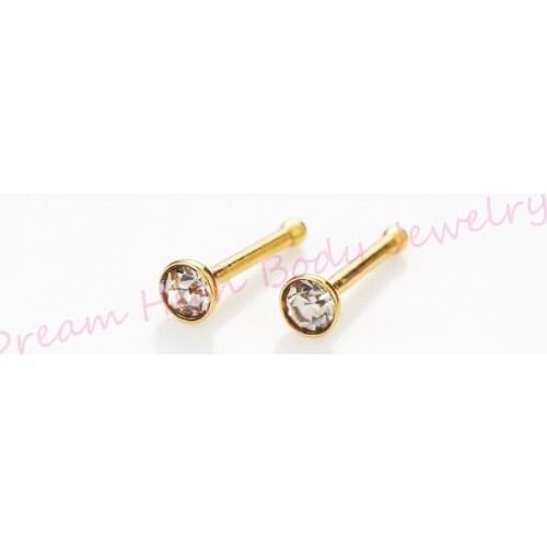 Gold Nose Stud Crystal Clear Gem 22G Rings Body Piercing jewelry Vacuum Platting Titanium Straight 3mm