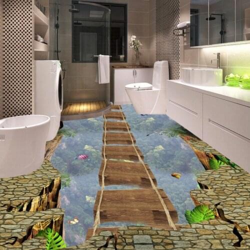 Free Shipping Forest cliff flyover mountain valley walkway 3D floor painting thickened waterproof lobby bathroom flooring mural