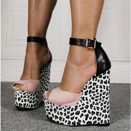 Dipsloot Summer Cute Pink Black Patchwork Leopard Wedge Platform Sandals Girls Cover Heel Peep Toe Buckle Strap Casual Sandals