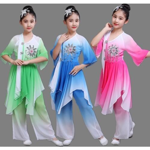 Children Fan Dance Performance Costume Elegant Umbrella Yangko Dancing Clothes Girl Gradient Stage National Dance Costume