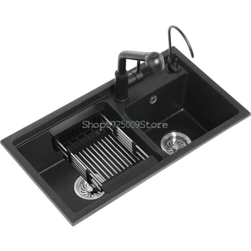 Quartz Stone Sink, Double Tank, Home Kitchen Set, Extra Large Sink, Sink, Black Granite Under Counter Basin