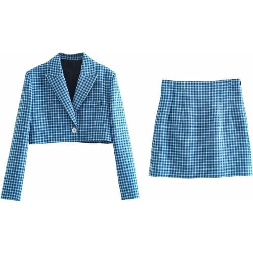 DYLQFS 2021 Women Vintage Two-piece Set Blue Plaid Office Lady Single Button Slim Short Blazer Female High Waist Skirt Suits