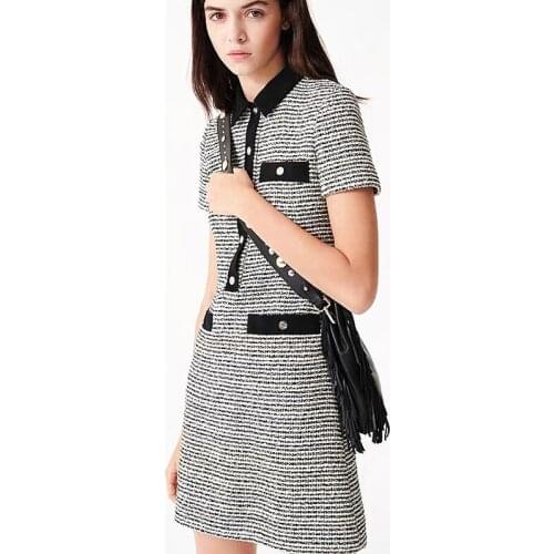 French elegant maje dress 2020 spring and summer Plaid lace up knitting small fragrance Lapel slim skirt