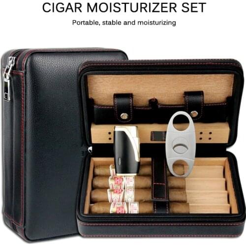 Cedar Wood Cigar Humidor Travel Portable Leather Cigar Case Cigars Box With Lighter Cutter Humidifier Humidor Box