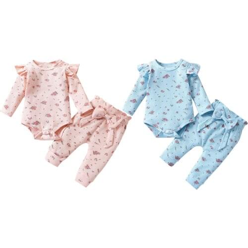 New Baby Girls Two-piece Clothes Set, Floral Printed Pattern Romper and Elastic Waist Pants, Blue/ Pink