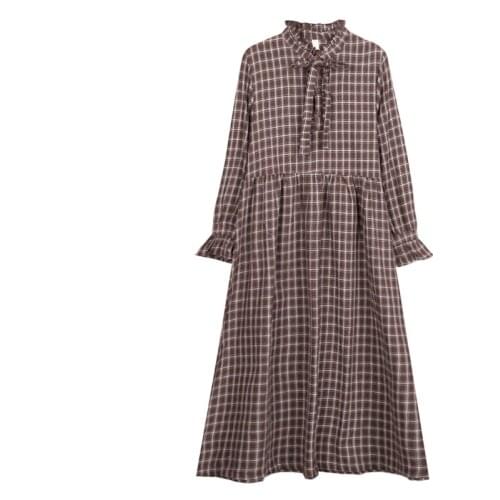PERHAPS U Brown Plaid Long Sleeve Stand Collar Bow Midi Dress Autumn D0628