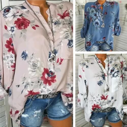 Fashion Spring Women Boho Blouses Casual Vintage Print Shirts Plus Size Women Clothing Women V-Neck Long Sleeve Red White Tops