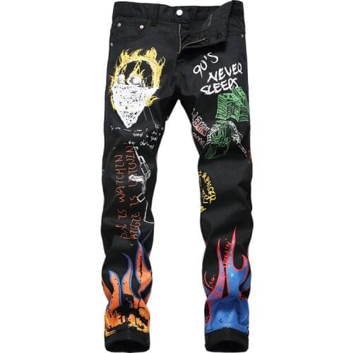 2020 Mens Fashion Letter Flame Black Print Jeans Slim Straight Painted Stretch Pants Slim Stretch Fashion Casual Jeans 29-38