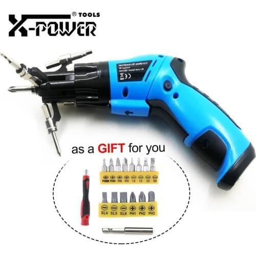 X-power 6 in 1 Build-in Bits Mini Electric Screwdriver Set 6V Dry Cell Battery LED Light Rotary Handle With 15pcs Bit For DIY