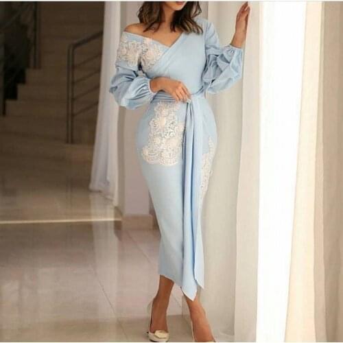 New Arrival V Neck long sleeve evening dresses Lace Appliques Mermaid Evening gowns Dubai Arabic Evening dress